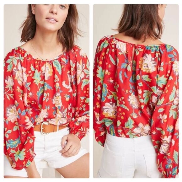 Maeve Anthropologie boho shirt top blouse Lakehouse red floral S Peasant - Picture 1 of 10